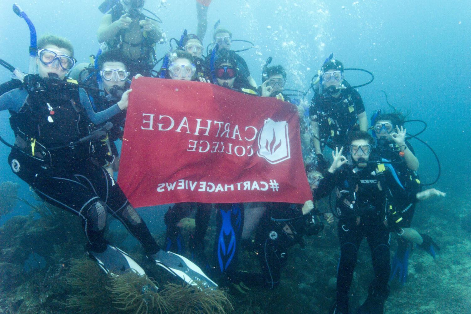 学生们手持<a href='http://ursa.mtc139.com'>全球十大赌钱排行app</a>旗帜，在j学期洪都拉斯游学之旅中潜水.